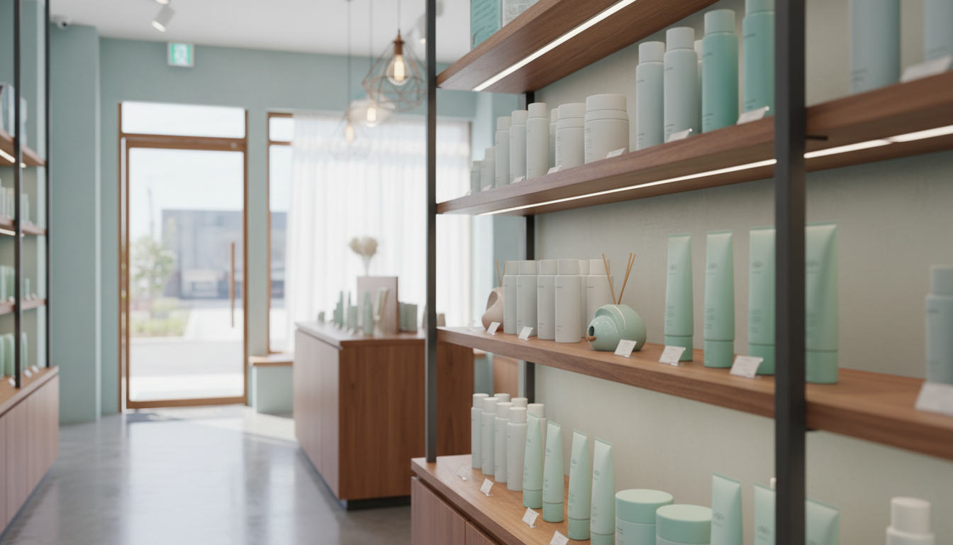 interior of a brightly lit Korean beauty store, shelves with products, no customers visible