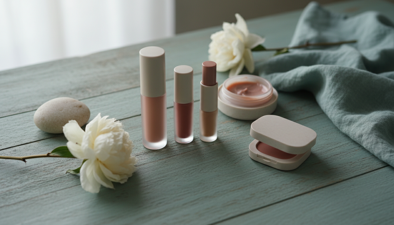 korean makeup products, neutral tone lip tints flatlay, soft lighting, no hands