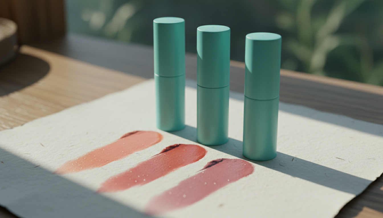 Korean lip tint swatch on paper, blurred effect, soft textures, no hands