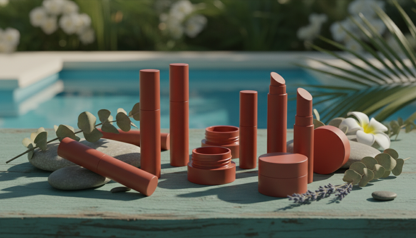 variety of terracotta and muted red lip tints in packaging, aesthetic setup, no hands