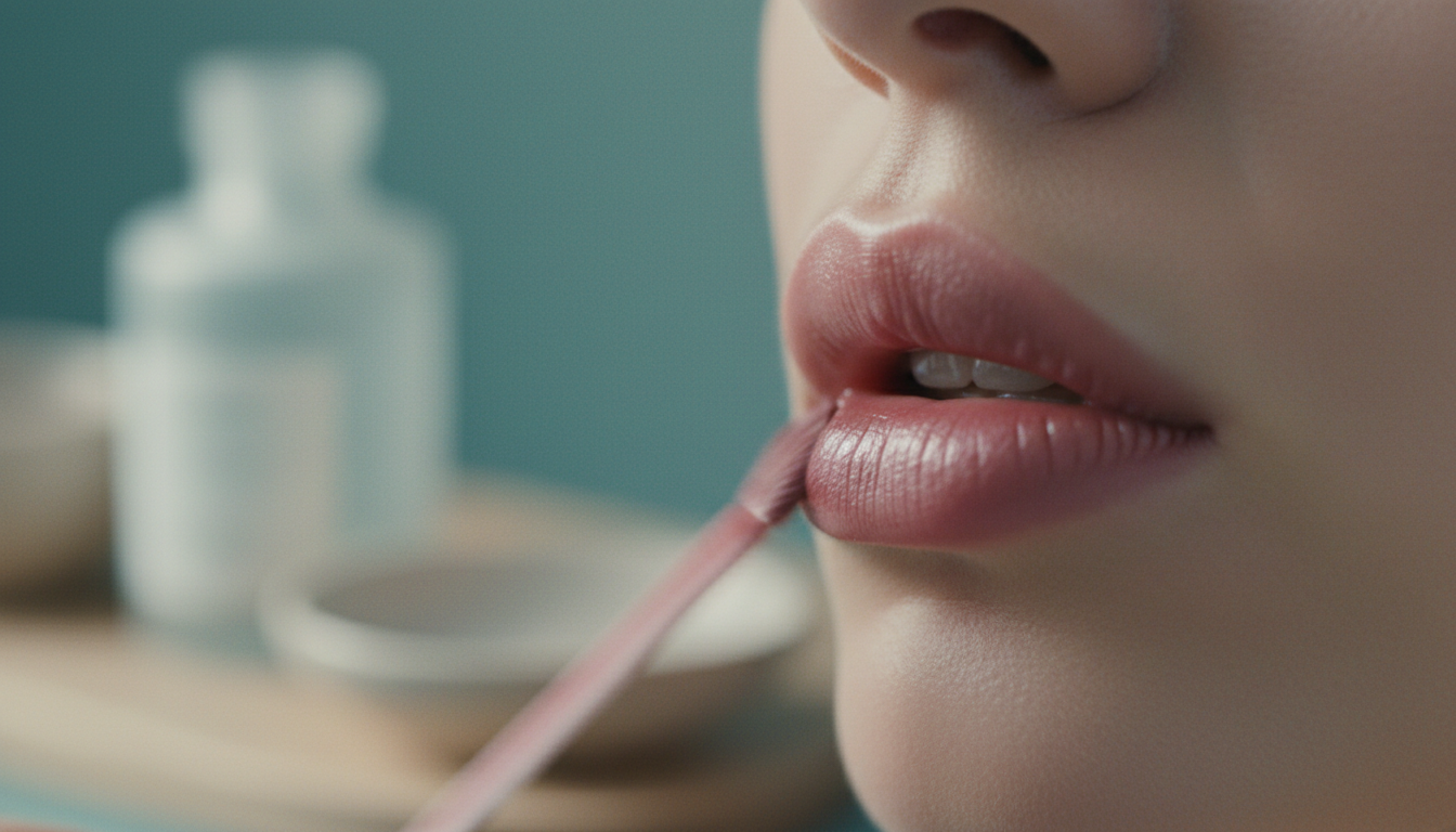 woman applying lip tint with a soft blurring motion, close up lips, no face, no distinct identity