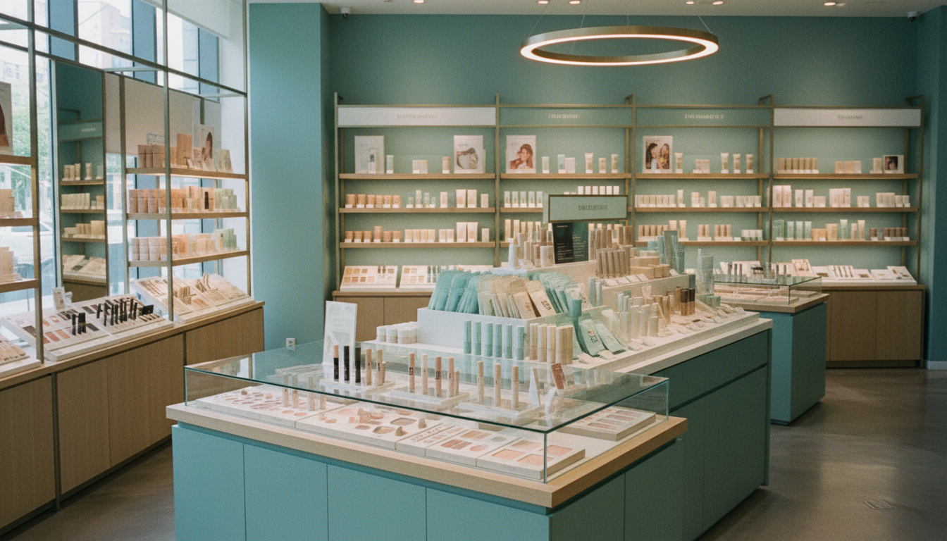 Interior of a bustling Korean beauty store like Olive Young, makeup displays, no people