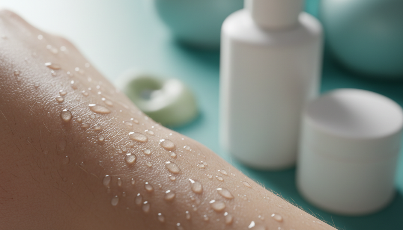 lightweight sunscreen texture on skin with water droplets, macro shot, no people