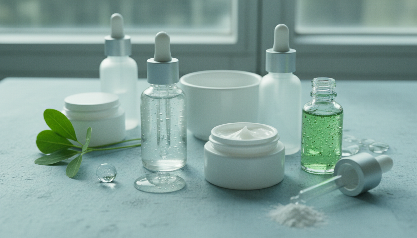 skincare ingredients collage, hyaluronic acid, ceramides, cica extracts