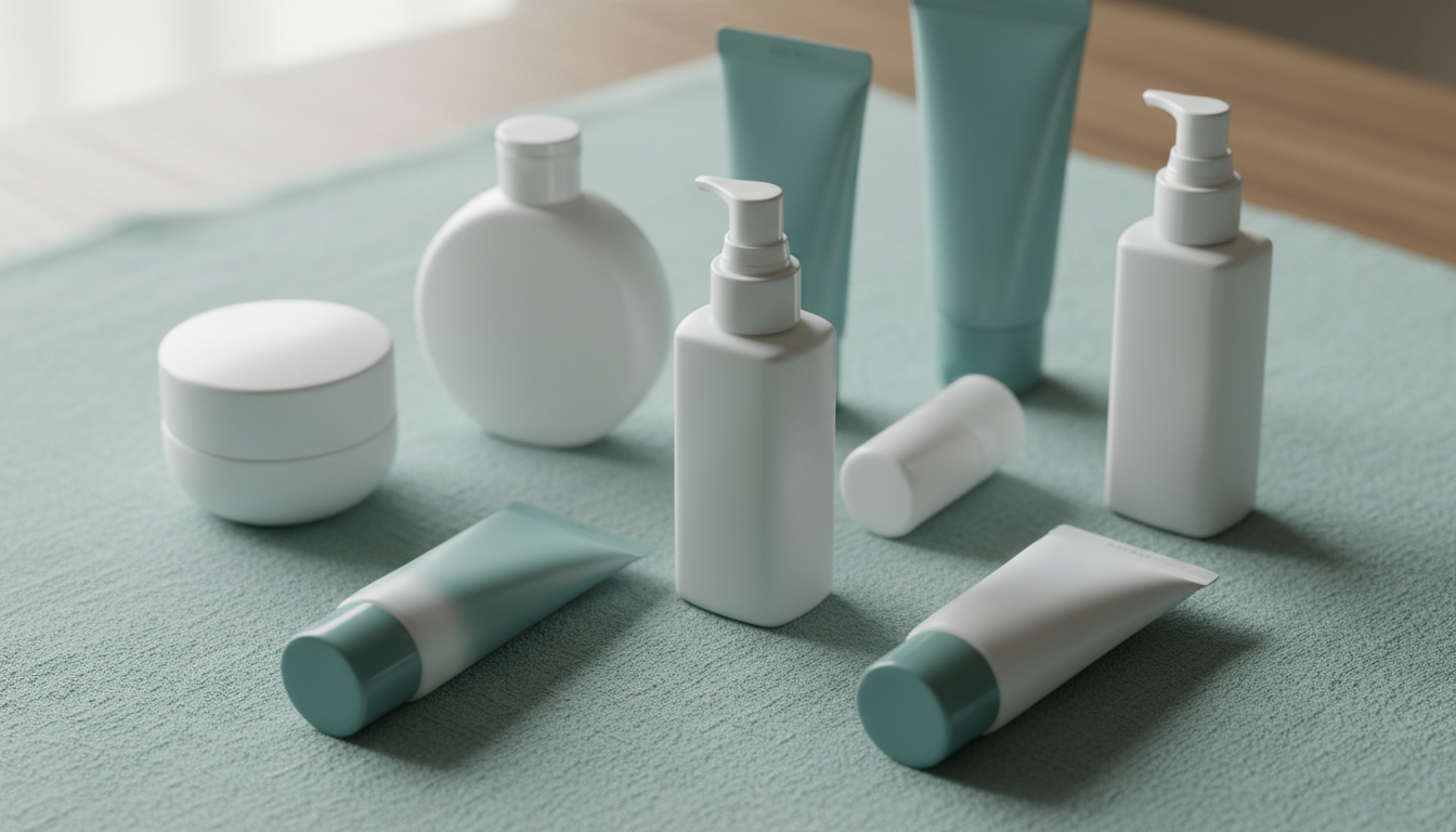 array of diverse Korean sunscreen bottles and tubes, clean aesthetic, flat lay, no hands