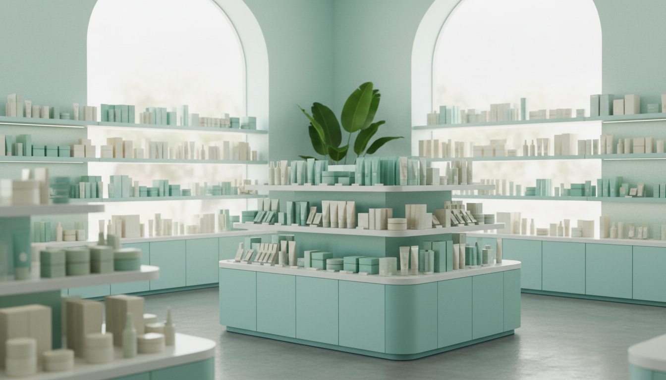 interior of a brightly lit Korean beauty store, shelves stocked with products, no customers